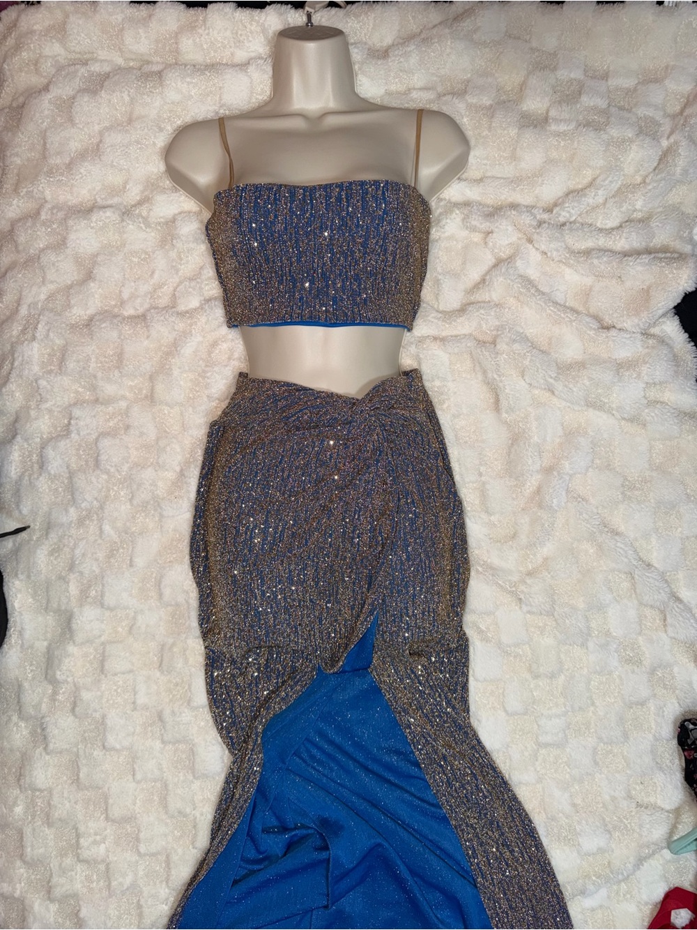 Fashion Nova Blue and Gold Metallic Two-Piece Maxi Skirt Set